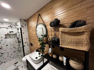 瓦拉日丁Jourek Apartment的浴室设有水槽和墙上的镜子