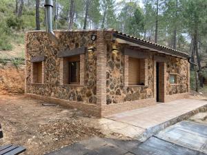 里奥帕尔Casa Rural Riópar, luxury in nature的一座石屋正在树林中建造