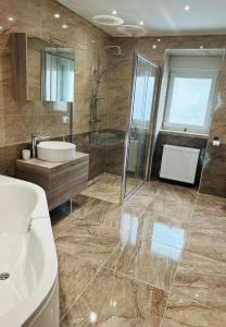 代尔尼采Apartmani LU&LO的一间带水槽、淋浴和卫生间的浴室