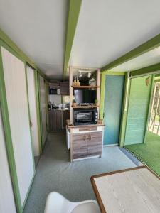 Petreto-BicchisanoChalet的一间设有绿色墙壁的客房和一间带微波炉的客房