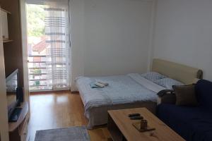 比耶洛波列Apartman Selma - Bijelo Polje的一间卧室配有一张床、一张桌子和一张沙发