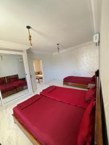 Ghār al MilḩSeaside Guest House的一间卧室配有两张床和镜子
