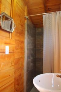 瓜塔维塔Camping & Cabaña San Francisco - Guatavita的带淋浴和白色盥洗盆的浴室