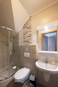 巴拉顿博格拉尔Kikötő Apartmanok的浴室配有卫生间、盥洗盆和淋浴。