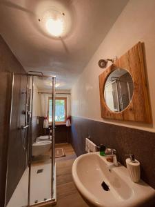 费拉迪普利米罗B&B Maso al Cervo的一间带水槽、淋浴和镜子的浴室