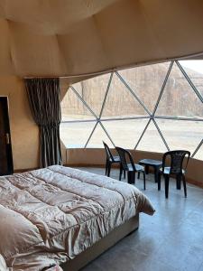 瓦迪拉姆Wild Oryx Camp Bubbles的一间卧室配有床和椅子以及大窗户