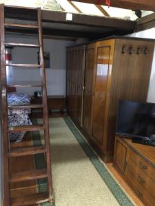 Etno selo Krugerdorf的客房设有双层床、梯子和电视。