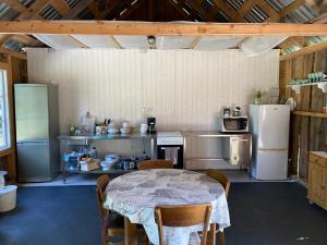 黑德梅埃斯泰Suurkivi Nature Escape的厨房配有桌椅和冰箱。