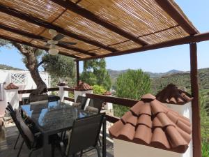 卡尼利亚斯-德阿尔拜达Finca Flor的一个带桌椅的庭院和木制屋顶。