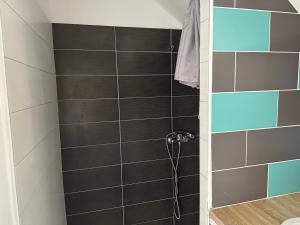 PleybenLes chambres du Bistro du Canal的浴室设有黑色瓷砖淋浴。