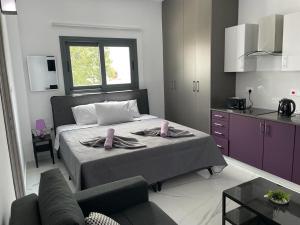 阿依纳帕Giorgis Luxury Apartments的一间带大床的卧室和一间厨房
