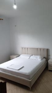 博尔什Cheerful 3-Bedroom Private Villa in Borsh!的一间卧室配有一张带白色床单的大床
