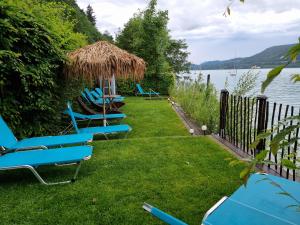 沃尔特湖畔韦尔登沃德斯鲁膳食公寓酒店的水边草上一排蓝色的躺椅