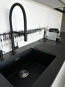 波尔蒂乔RESIDENCE Neuve LE GALATEE PIED DANS L'EAU的厨房水槽和黑色台面