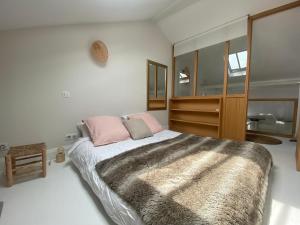 巴约讷Loft Cathédrale的卧室配有一张大床和两个粉红色枕头