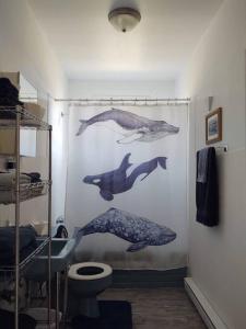 PrincetonNorth Sea Whale House的浴室设有淋浴帘、鲸鱼和卫生间