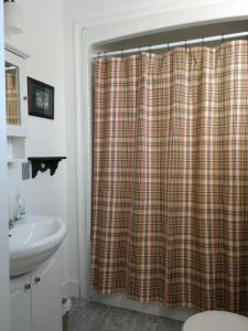 PrincetonNorth Sea Whale House的浴室配有淋浴帘和盥洗盆。