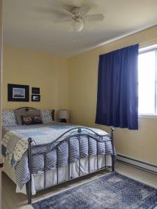 PrincetonNorth Sea Whale House的一间卧室配有一张带蓝色窗帘的床和窗户