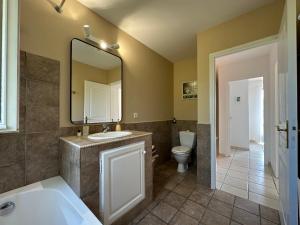 胡安莱潘Villa Marinette的一间带水槽、卫生间和镜子的浴室