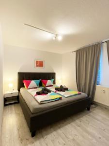 布劳讷贝格FeWo Sonnenlay - Apartments an der Mosel的一间卧室配有一张带色彩缤纷枕头的大床
