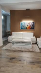 比哈奇Apartmani Gandi的客厅配有白色沙发和绘画作品