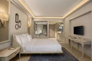 伊斯坦布尔拉佐尼酒店的一间卧室配有一张床、一张书桌和一台电视