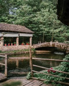 Leskovik法尔马索提拉农家乐的一座石头桥,桥上有一个池塘,还有一个凉亭