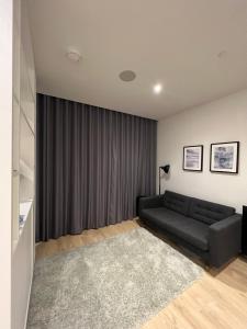 New BedfontLondon LuXXe Suites & Apartments - London Heathrow Airport, Terminal 1 2 3 4 5的客厅配有黑色沙发和灰色地毯。