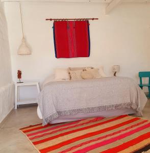 蒂尔卡拉Los tarcos Guest House LOFT TILCARA的一间卧室配有一张带红色窗帘和地毯的床