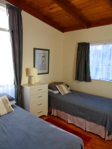 怀卡奈Theo's Cottage的一间卧室设有两张床、一个梳妆台和窗户。