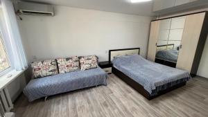 巴尔喀什Однокомнатная квартира в центре города的一间卧室配有两张床和镜子