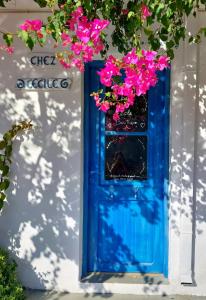 莫什劳斯Chez Cécile Home的白色建筑上一扇带粉红色花朵的蓝色门