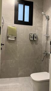 塔伊夫dana hotel apartments的带淋浴和卫生间的浴室以及窗户。