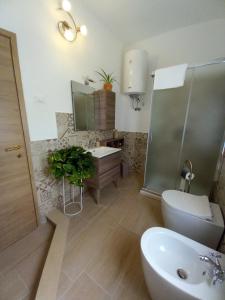 古斯皮尼Divina Cuspide的一间带水槽、卫生间和镜子的浴室