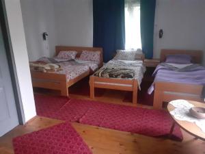 皮罗特Stara planina, smestaj Ćirković的带三张床的房间和红色地毯