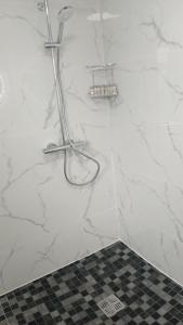 查尔斯敦Tiernan's Luxury King Room Ensuite的带淋浴的浴室,拥有白色的大理石墙壁