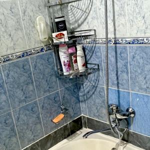 塔什干Humo Family Home的浴室配有盥洗盆、带洗浴用品的架子