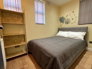 赖盖特Lovely apartment near Gatwick airport的一间卧室设有一张床和一个书架
