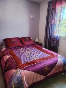 雷居斯Villa près des remparts的一间卧室配有一张带紫色床单的床和窗户。