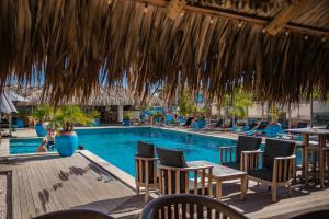 克拉伦代克Bloozz resort Bonaire的一个带桌椅的游泳池的度假酒店
