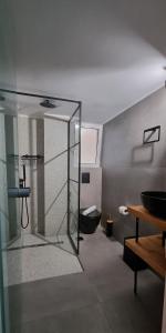 雅典A10 SecretHouse的一间带玻璃淋浴和卫生间的浴室