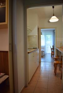 凯斯特海伊Helikon 32 Apartman Keszthely的厨房配有白色橱柜和瓷砖地板。