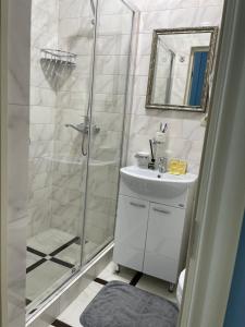 苏呼米Mini Hotel 7 Street的带淋浴和盥洗盆的白色浴室