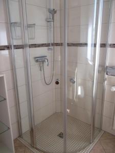诺特海姆Ferienwohnung Jürges的浴室里设有玻璃门淋浴