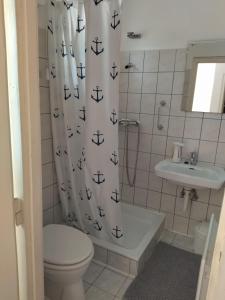 巴拉顿菲赖德Jegenye Vendégház的浴室配有带水槽的浴帘和卫生间