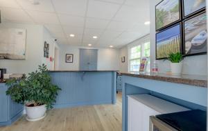 奥甘奎特Studio East Motel的一间办公室,里面装有蓝色的柜台和盆栽植物