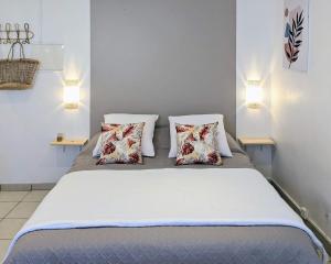 圣保罗"Côté Lagon" à deux pas du lagon的一间卧室配有一张大床和两个枕头