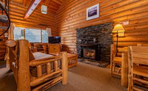 Mount HoodCooper Spur Mountain Resort的小木屋内带壁炉的客厅
