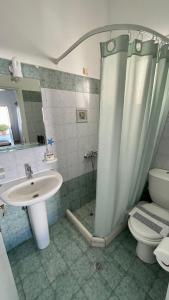 纳克索乔拉夏季时代一室公寓的带淋浴、盥洗盆和卫生间的浴室