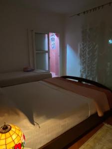 乌尔齐尼Guest House Nuhii的一间卧室配有一张带窗户和灯的床